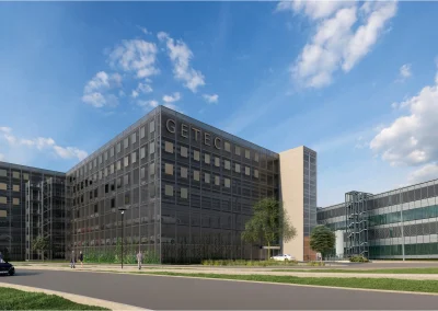 Visualisierung (nicht final) des neuen GETEC Parkhauses - Blick auf die Fassade von Südosten
