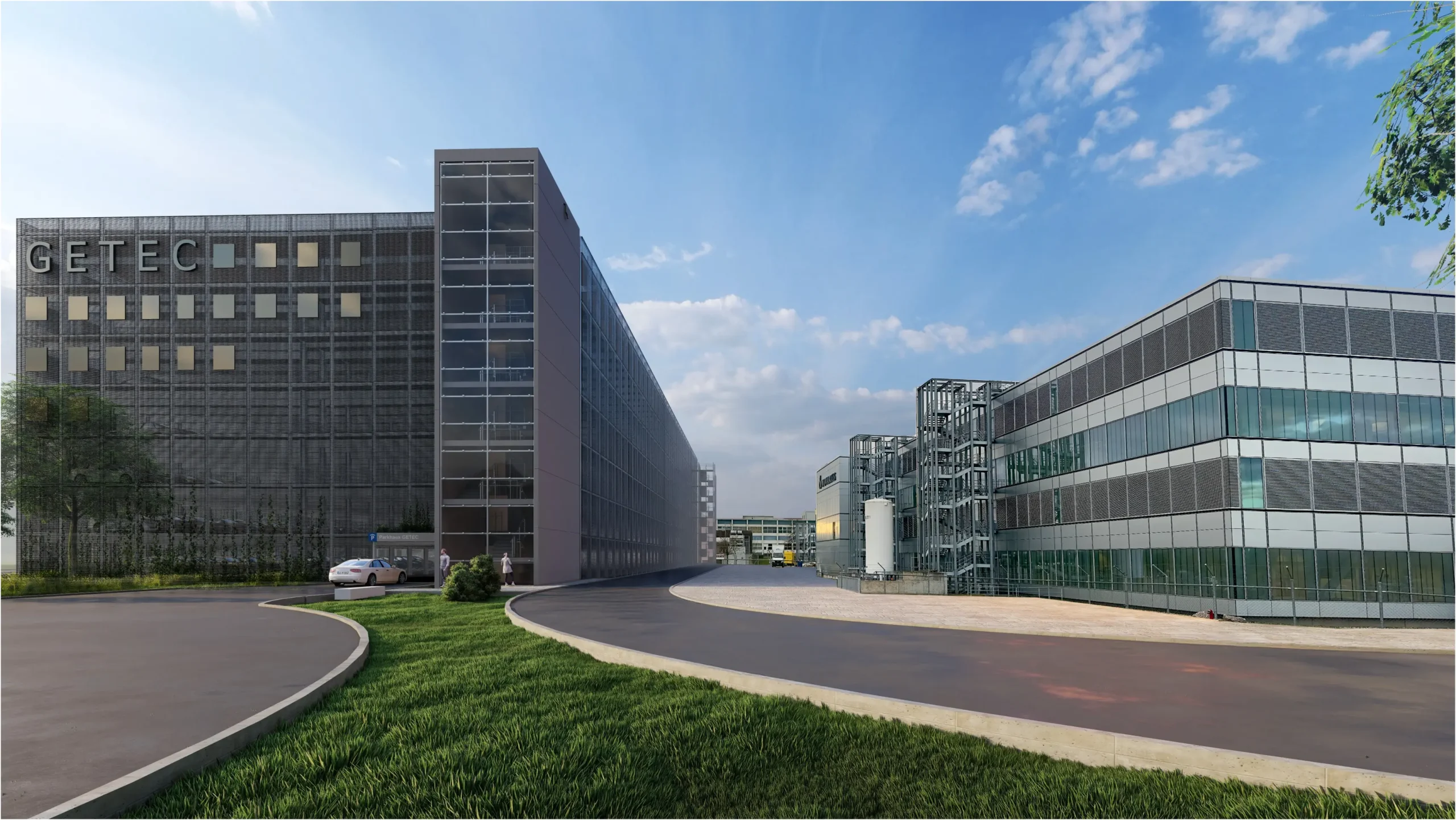 2501_GPS_Ansicht-Parkhaus_Draft_03 Visualisierung (nicht final) des neuen GETEC Parkhauses - Blick auf die Fassade von Osten