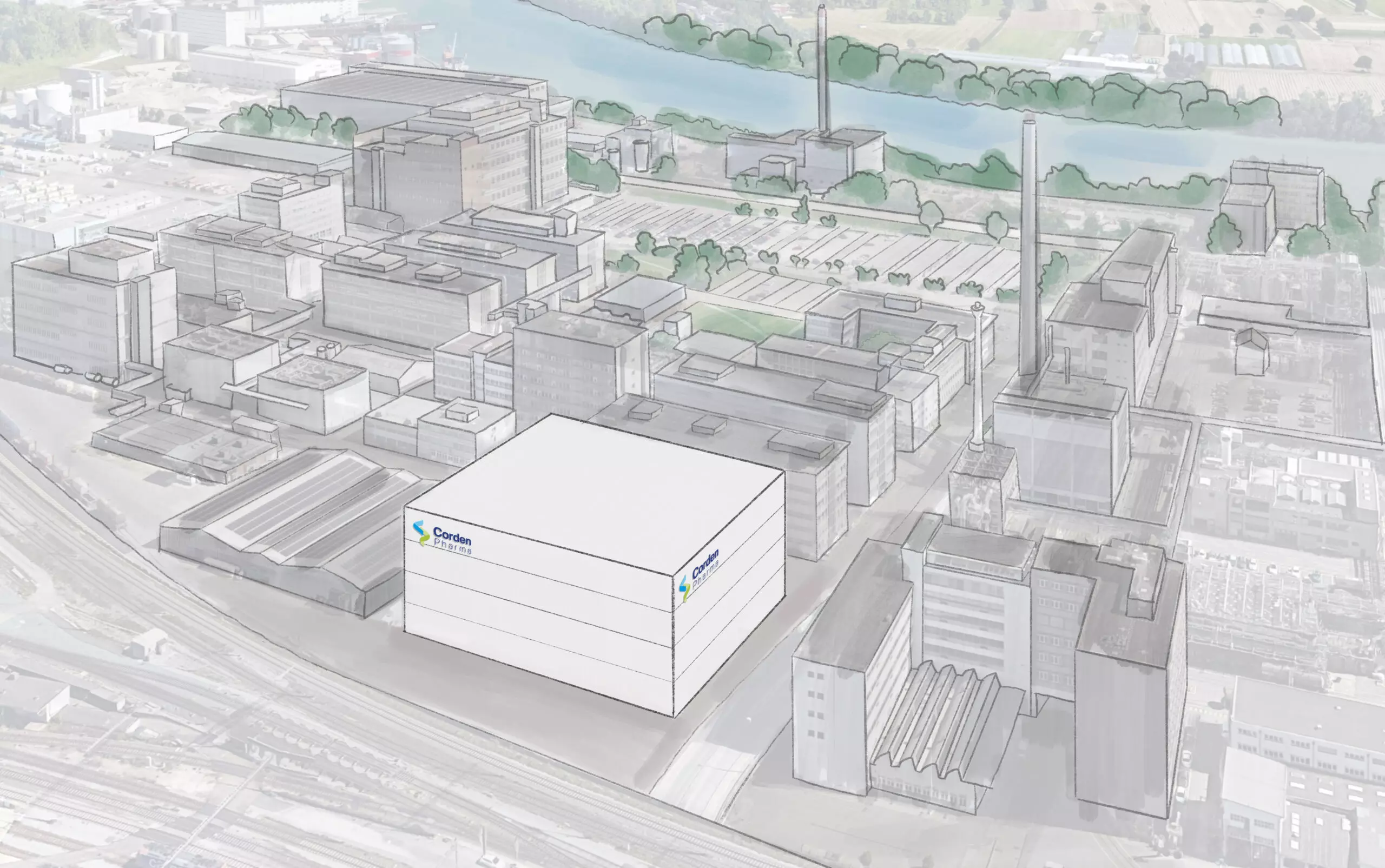 GETEC_6406CORDEN_Arial_Sketch-scaled Skizze CordenPharma Gebäude im GETEC-Park in Muttenz.