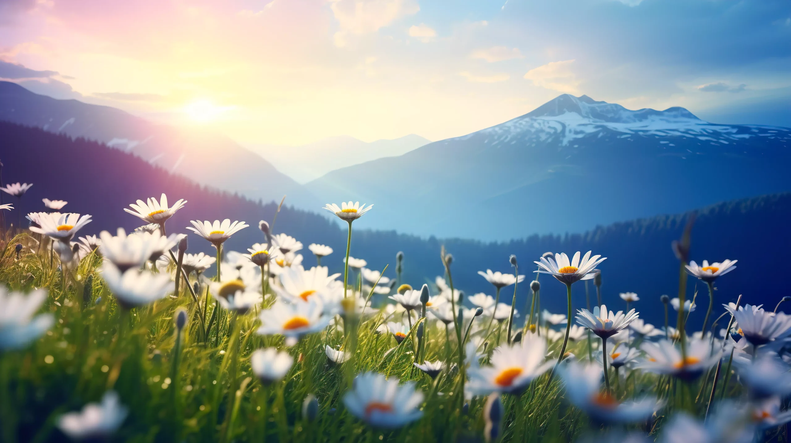 Blumenwiese mit Bergen im Hintergrund. Die Sonne geht auf.